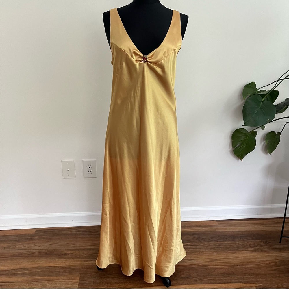 Vintage Golden V Neck Satin Maxi Dress